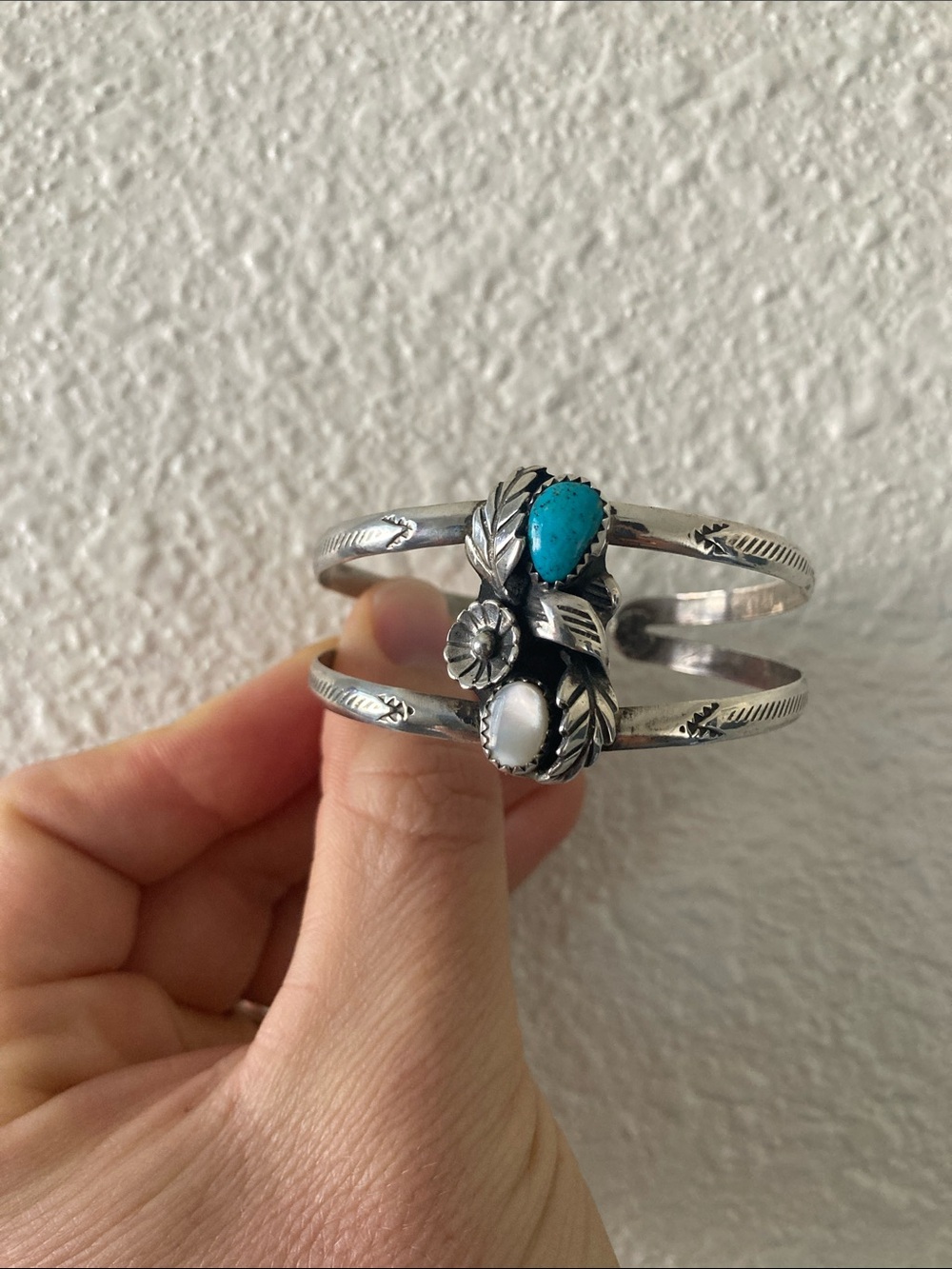 Turquoise & White Stone Sterling Silver Cuff Bracelet - Picture 3 of 6